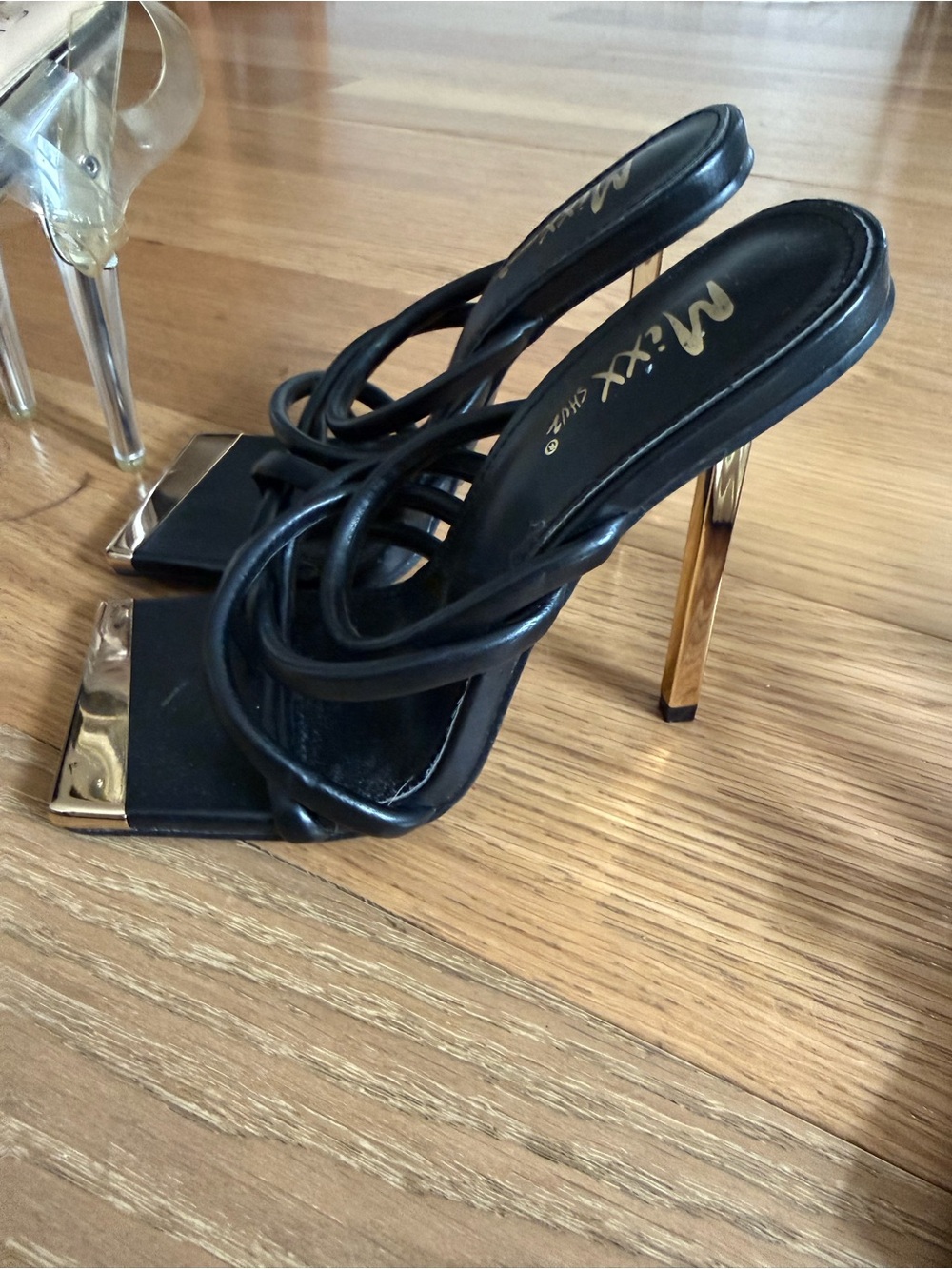 Mixx Shuz Black and Gold Strappy Stiletto Heels